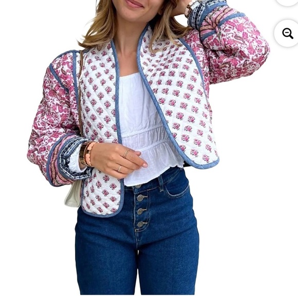 Boho Pink, White, Blue Quilted Reversible Jacket with Pockets - Picture 8 of 11